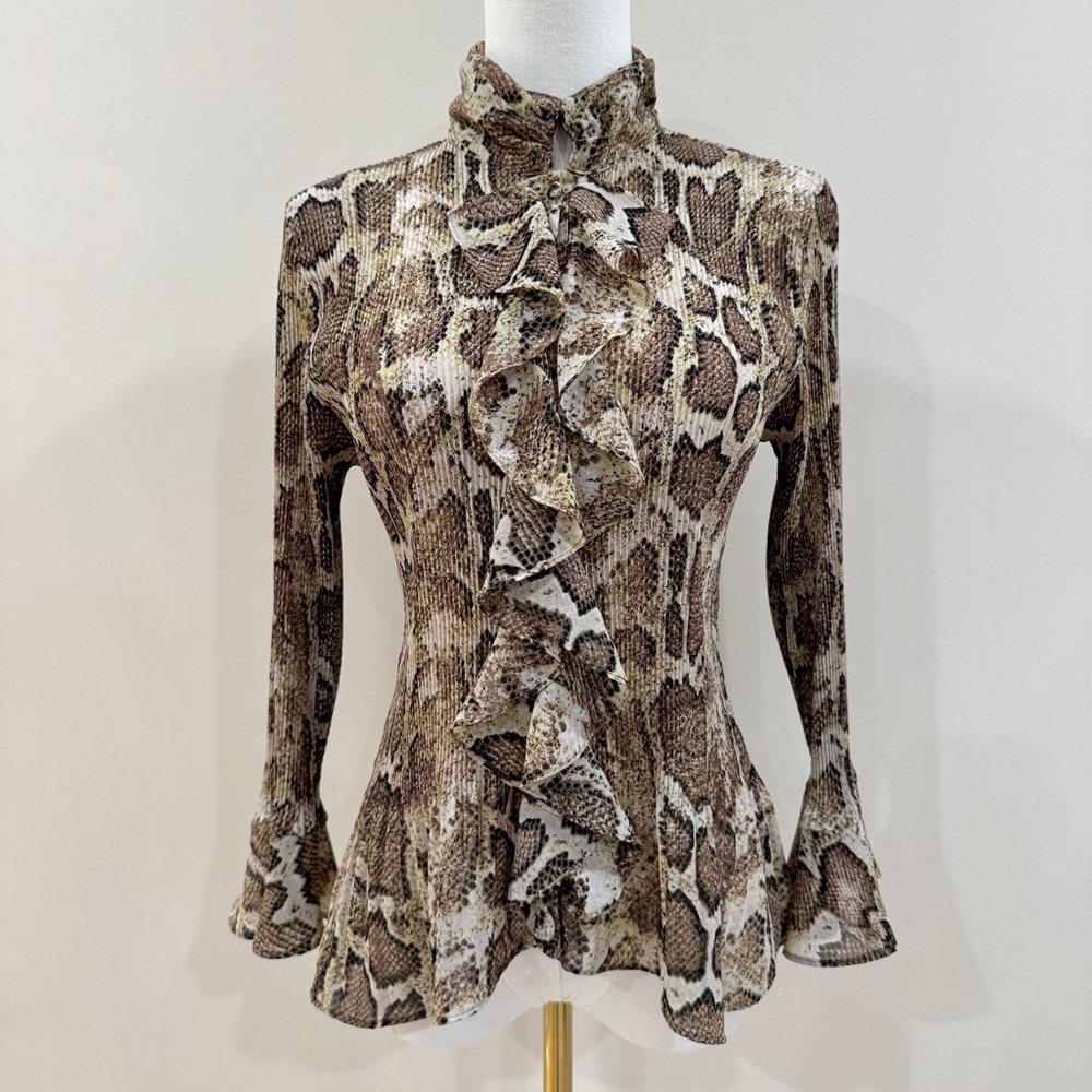 Vintage Python Snake Print Ruffle Blouse Bell Sle… - image 4